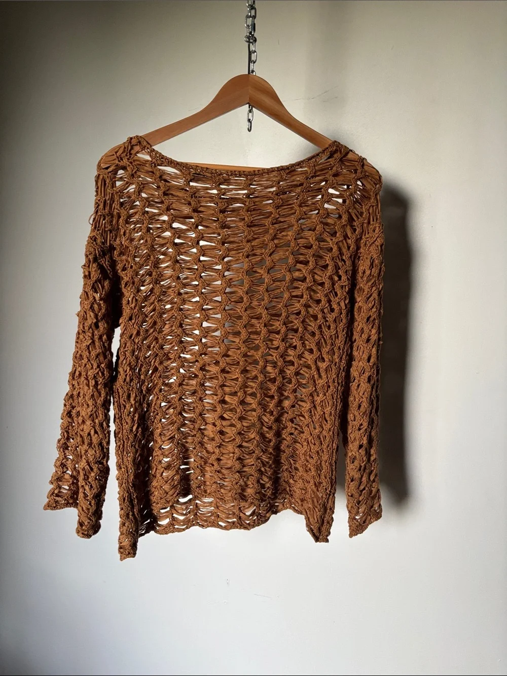 Zara Open-Knit Crochet Long-Sleeve Sweater in Caramelo